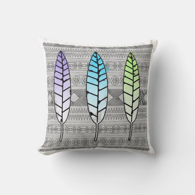 Trendy Waterverf Tribal Feather Pillow Kussen (Voorkant)