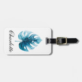 Trendy Waterverf Tropisch Blauw Monstera Leaf Bagagelabel (Voorkant horizontaal)
