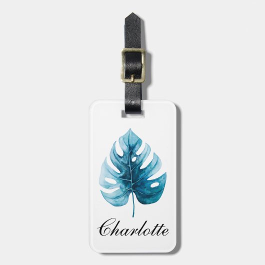 Trendy Waterverf Tropisch Blauw Monstera Leaf Bagagelabel (Voorkant verticaal)