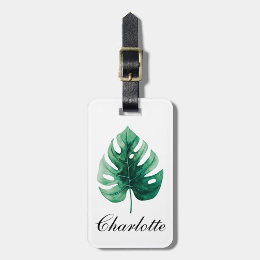 Trendy Waterverf Tropische Groene Monstera Leaf Bagagelabel (Voorkant verticaal)