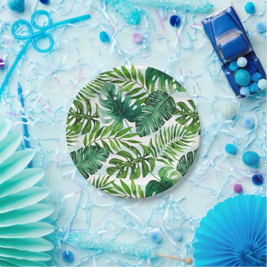Trendy Waterverf Tropische monstera en palmbladere Papieren Bordje (Feest)