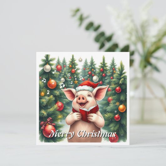 Trendy Waterverf Varken Winter Pine Trees Caroling Feestdagenkaart (Staand voorkant)