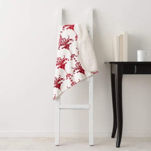 Trendy White en Red Damask Monogram Sherpa Deken (In situ)
