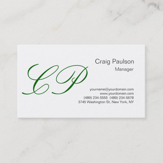 Trendy White Green Script Monogram Visitekaartje (Voorkant)