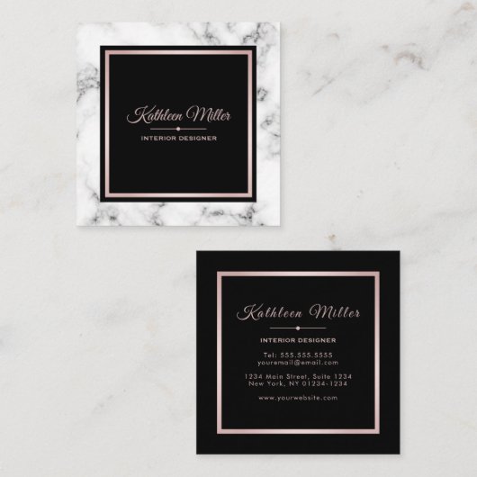 Trendy White Marble Roos Gold Modern Vierkante Visitekaartje (Voorkant / Achterkant)
