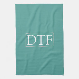 Trendy wit DIY monogram/naam LtGrey rand, teal Theedoek