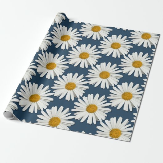 Trendy witte madeliefjes - Navyblauwe mode Cadeaupapier (Uitgerold)