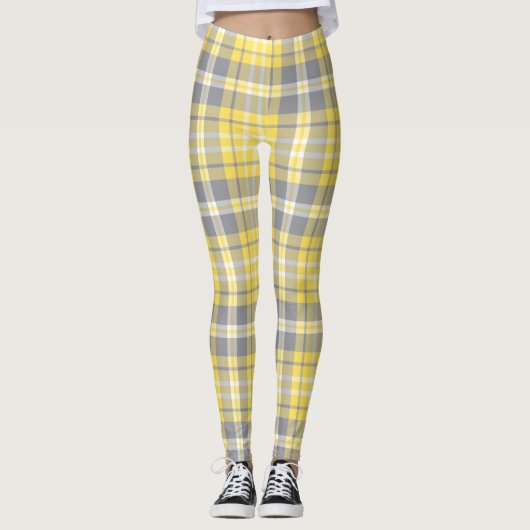 Trendy Yellow and Gray Madras Plaid Leggings (Voorkant)