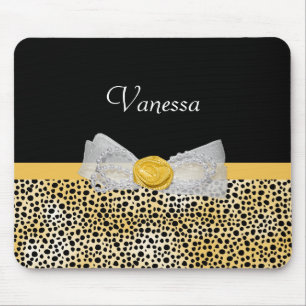 Trendy Yellow Cheetah Print Fancy Bow and Name Muismat