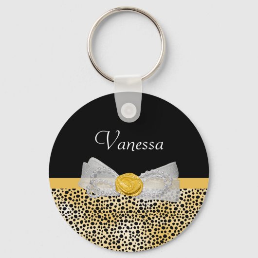 Trendy Yellow Cheetah Print Fancy Bow and Name Sleutelhanger (Voorkant)