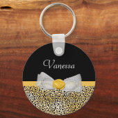 Trendy Yellow Cheetah Print Fancy Bow and Name Sleutelhanger (Voorkant)