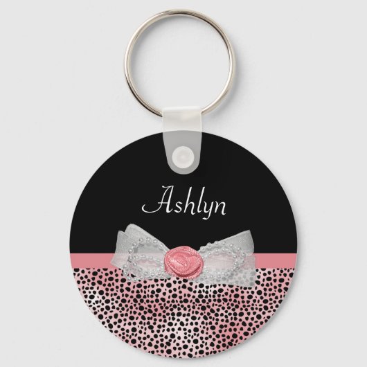 Trendy Yellow Cheetah Print Fancy Bow and Name Sleutelhanger (Voorkant)