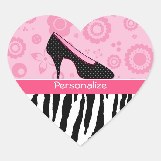 Trendy Zebra Girly Pink Shoes met naam Hart Sticker (Voorkant)