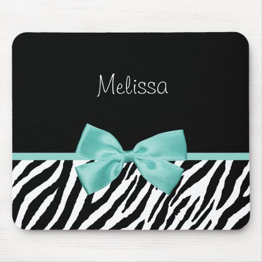 Trendy Zebra Print Aqua Mint Ribbon met naam Muismat (Voorkant)