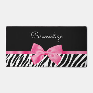 Trendy Zebra Print Chic Hot Pink Bow and Name Bureaumat