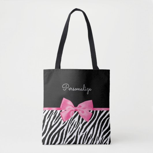 Trendy Zebra Print Chic Hot Pink Bow and Name Draagtas (Voorkant)