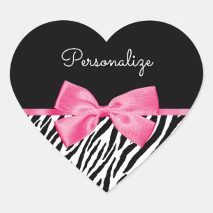 Trendy Zebra Print Chic Hot Pink Bow and Name Hart Sticker