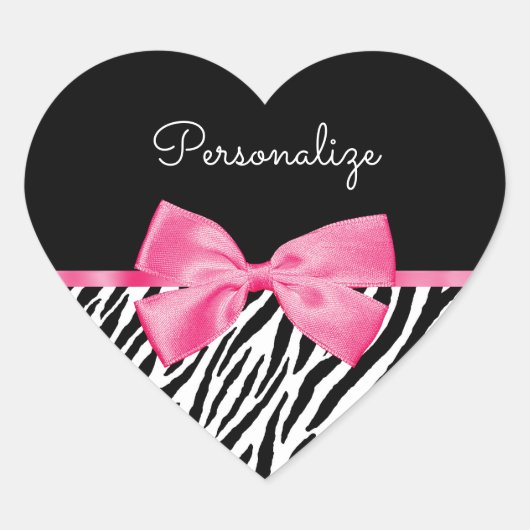 Trendy Zebra Print Chic Hot Pink Bow and Name Hart Sticker (Voorkant)
