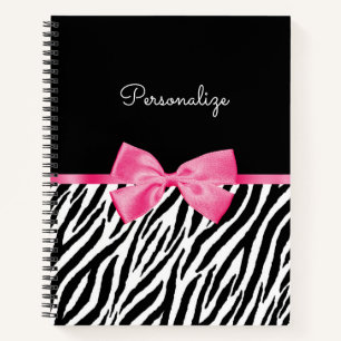 Trendy Zebra Print Chic Hot Pink Bow and Name Notitieboek