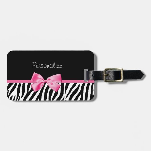 Trendy Zebra print en roze lint met naam Bagagelabel (Voorkant horizontaal)
