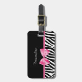 Trendy Zebra print en roze lint met naam Bagagelabel (Voorkant verticaal)