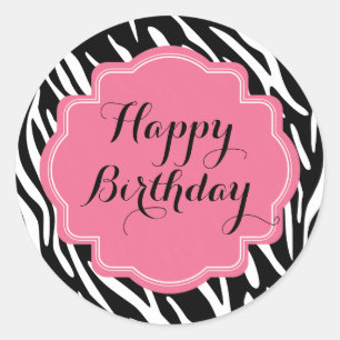Trendy Zebra Print Roze Happy Birthday Stickers