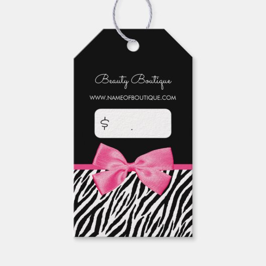 Trendy zebraprint met chique roze strik boetiek cadeaulabel (Voorkant)