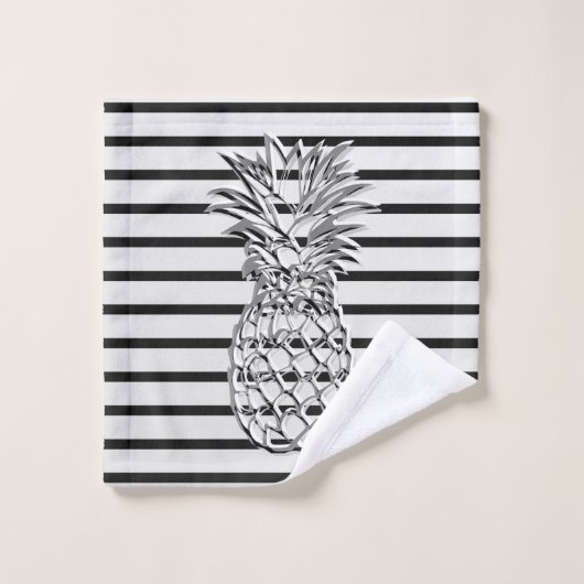 Trendy Zilver en Zwart Gestreepte Zilveren Ananas Bad Handdoek (Wasdoekje)