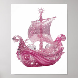 Trendy Zilver ROZE GLITTERIGE SCHIP 3D Tekst Kunst Poster