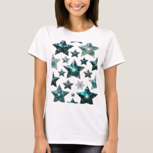 Trendy Zilveren BLUE STARS 3D-tekstkunst T-shirt