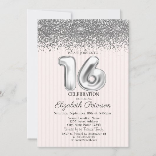 Trendy Zilveren Diamanten Gestreepte Sweet 16 Kaart (Voorkant)