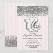 Trendy Zilveren Diamanten Gestreepte Sweet 16 Kaart (Voorkant / Achterkant)