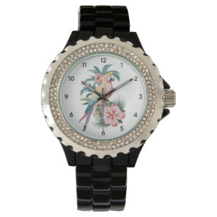 Trendy zomerstrand Parrot en Hibiscus Bloemen Horloge