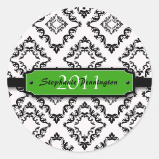 Trendy zwart damask afstuderen personaliseer stick ronde sticker