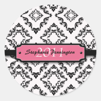 Trendy zwart damask afstuderen personaliseer stick ronde sticker