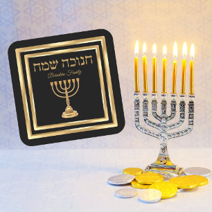 Trendy Zwart en Goud Menorah Hebreeuws Chanoeka Vierkante Sticker