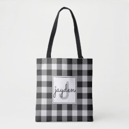 Trendy zwart-wit Buffalo Plaid Monogrammed Draagtas