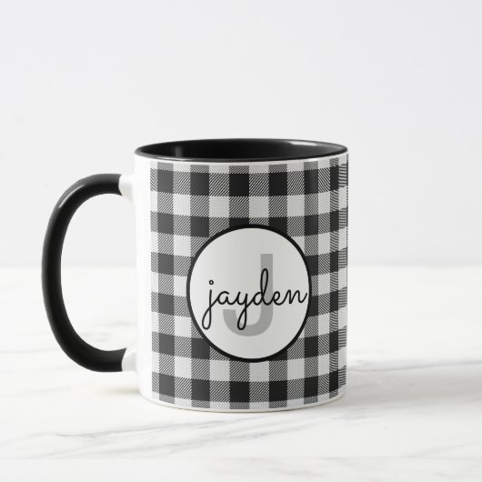 Trendy zwart-wit Buffalo Plaid Monogrammed Mok (Links)