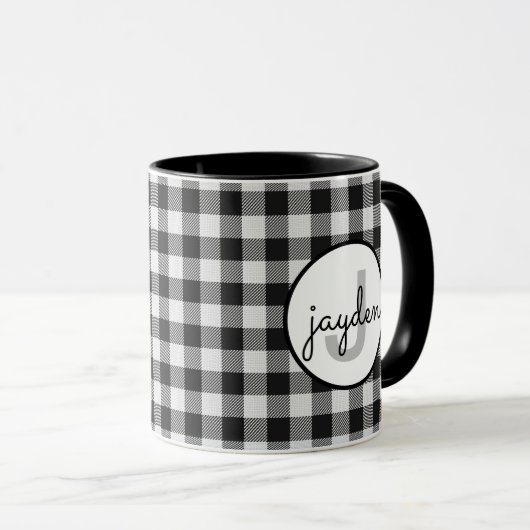 Trendy zwart-wit Buffalo Plaid Monogrammed Mok (Voorkant rechts)