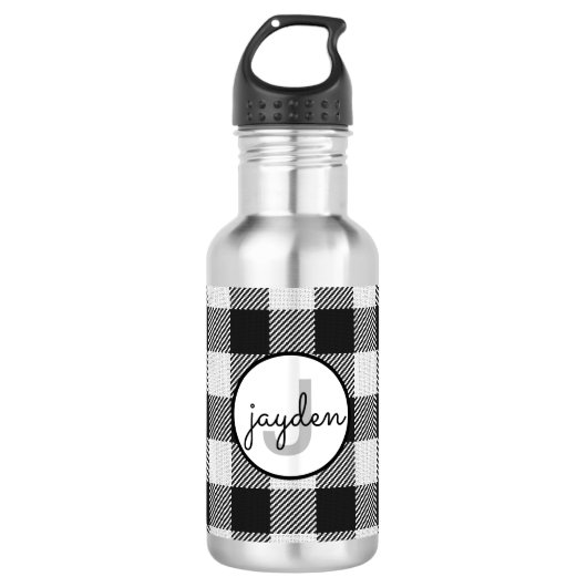 Trendy zwart-wit Buffalo Plaid Monogrammed Waterfles (Voorkant)