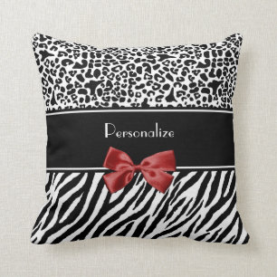 Trendy zwart-wit luipaard zebraprint rode strik kussen
