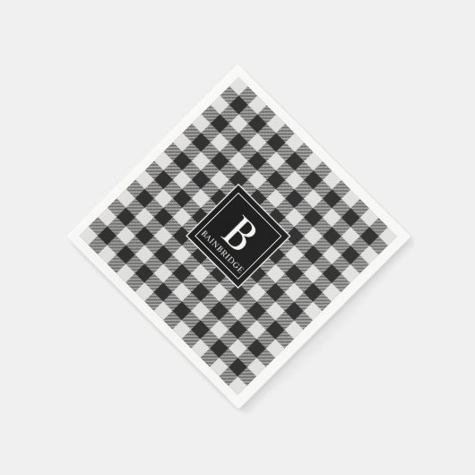 Trendy Zwarte en Witte Buffalo Plaid Monogram Name Servet (Hoek)