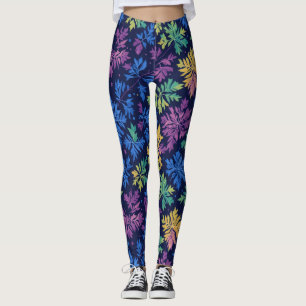 Trendy zwarte kleurrijke bladeren botanische patro leggings
