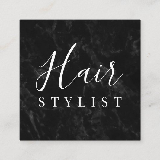 Trendy zwarte marmeren haar stylist script handtek vierkante visitekaartje (Voorkant)
