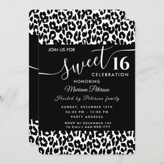 Trendy zwarte witte luipaard, zoet 16 uitnodiging (Voorkant / Achterkant)