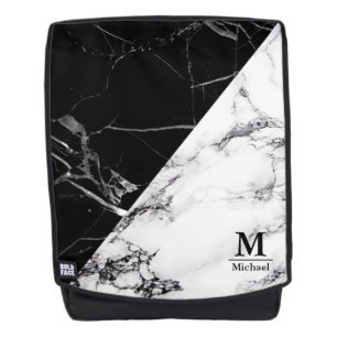 Trendy Zwarte Witte Marmeren Naam van het Monogram Rugtassen