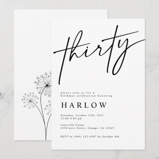 Trente Invitation d'anniversaire noir et blanc (Devant / Derrière)