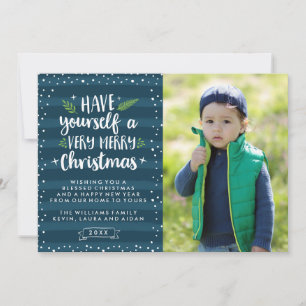 Très Joyeux Noël Carte Photo à Rayures Bleu Mari