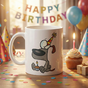 Treurige Verjaardag Hond Cartoon met Cupcake Koffiemok