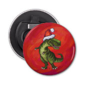 TRex Dino in Santa Hat op rood Button Flesopener (Voorkant)